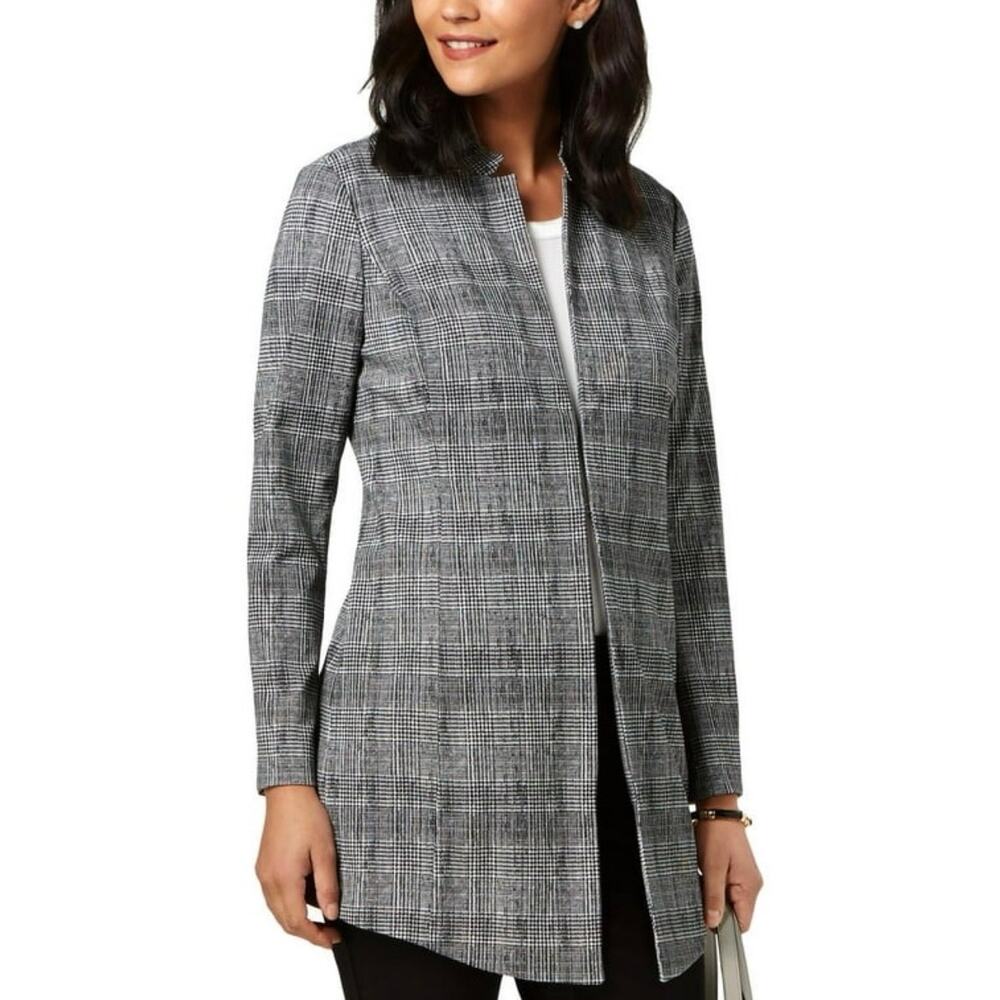 Alfani Collarless Career Topper Jacket Gwen Plaid Size 8 Black White Blazer